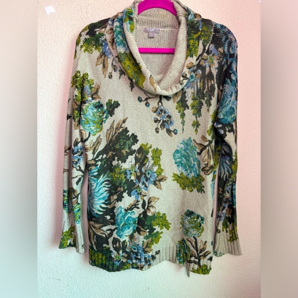 J. Jill Beige Blue Floral Cowl Neck Tunic Length Pullover Sweater S